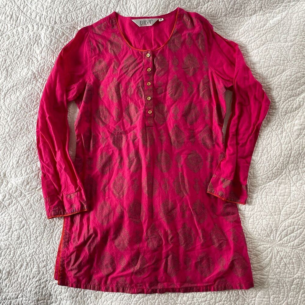 Biba Pink Orange Kurta Tunic Size 36 Gold Foil Leaf Design Indian Ethnic Tunic